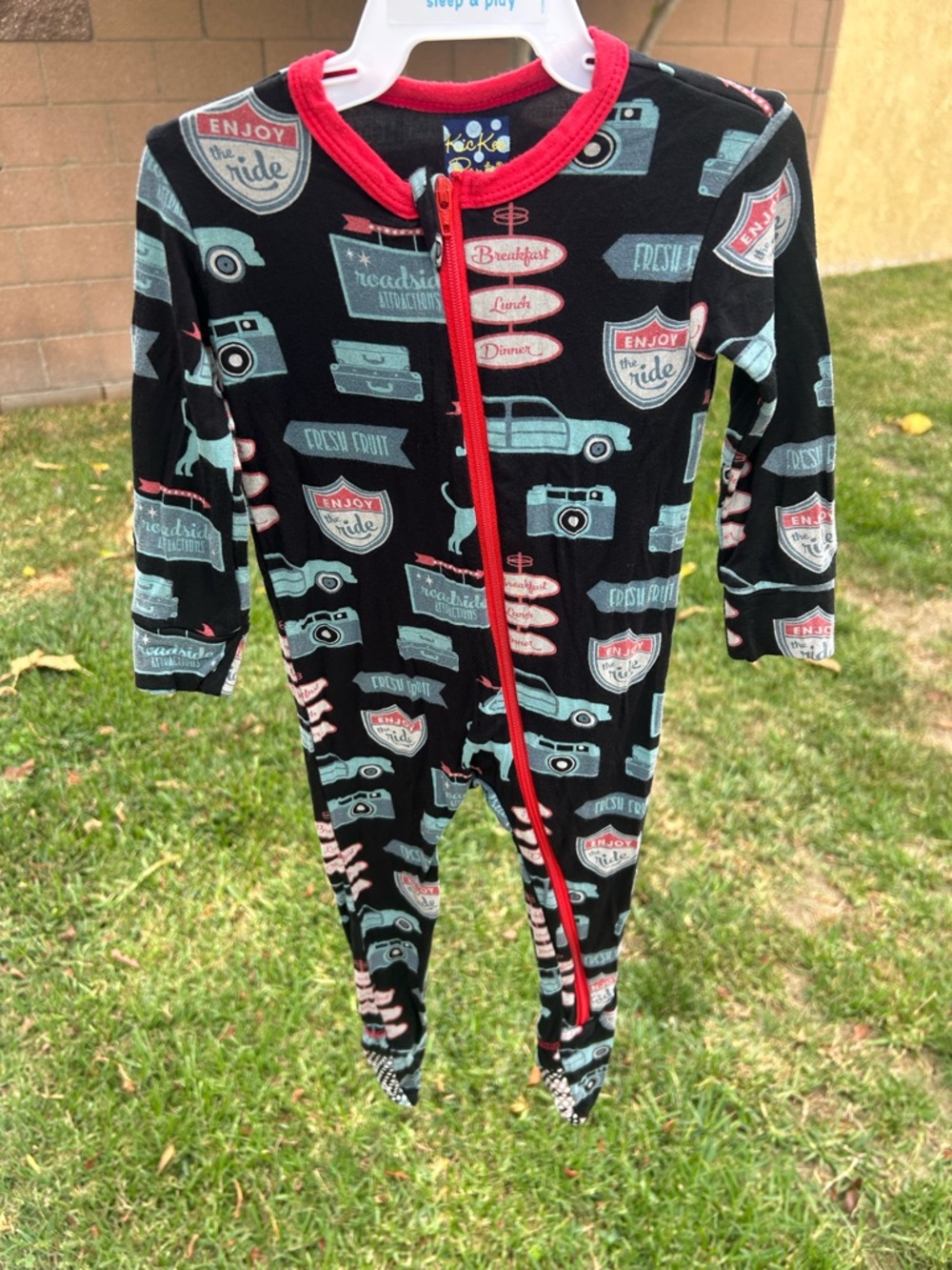 Kickee Pants Black Footie with Teal and Red Travel Prints
